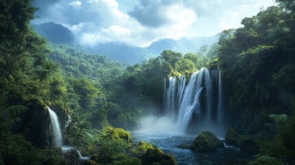 Fototapeta premium Majestic Waterfalls and Lush Forest: An awe-inspiring panorama of cascading waterfalls plummeting into a serene river, surrounded by a vibrant, thriving forest under a sky of shifting clouds.