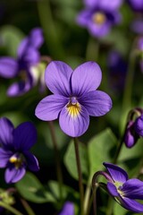 purple flowers with yellow centers in a field of green leaves