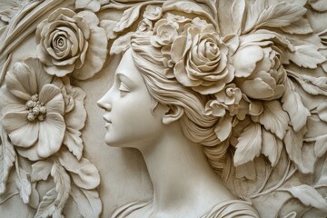 Serene stone woman carved amidst flowers, wall art