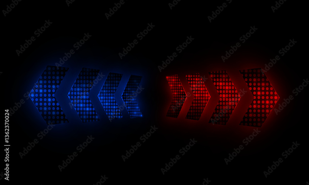 Poster Glowing red and blue arrow shapes with halftone texture on dark background. Perfect for tech design, futuristic UI, direction indicators, versus screens, or esports visuals.