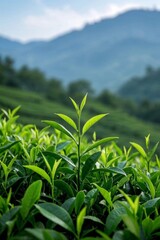 Obraz premium a close up of a green plant with mountains in the background