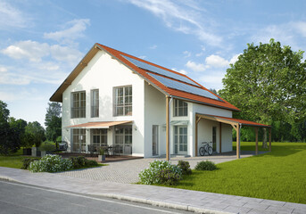 Weißes Haus mit rotem Dach und Solaranlage