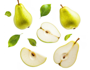 Falling green pear with sliced pears on a white background, png