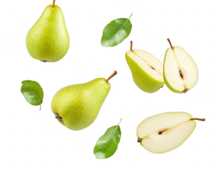 Falling green pear with sliced pears on a white background, png
