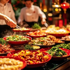 Obraz premium Chinese New Year Feast with Traditional Dishes: Celebrating Family, Food, and Joyous Gatherings