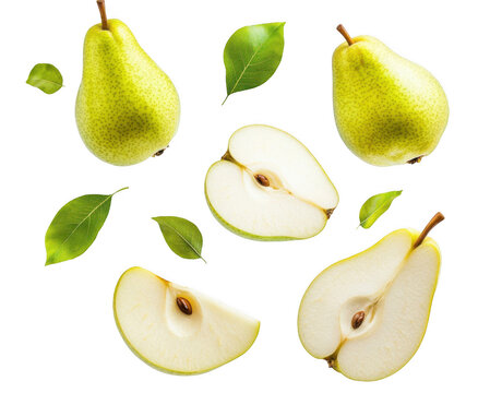 Falling green pear with sliced pears on a white background, png