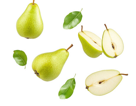 Falling green pear with sliced pears on a white background, png
