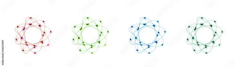 Poster Set of glowing atomic shapes with orbital lines and central nodes in red, green, blue and turquoise. For scientific visual effects, particle simulations, quantum design or futuristic abstract composit