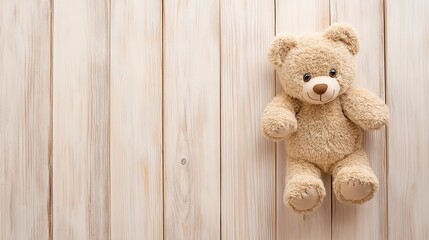 Adorable beige teddy bear on light wooden background. Perfect for children's products, websites, or blogs.