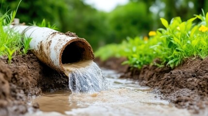 Fototapeta premium Water flowing from a pipe into a ditch in a garden