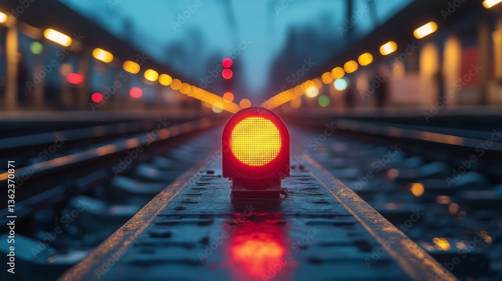 Poster a bright red signal light indicates a stop for approaching trains along the railway tracks during du