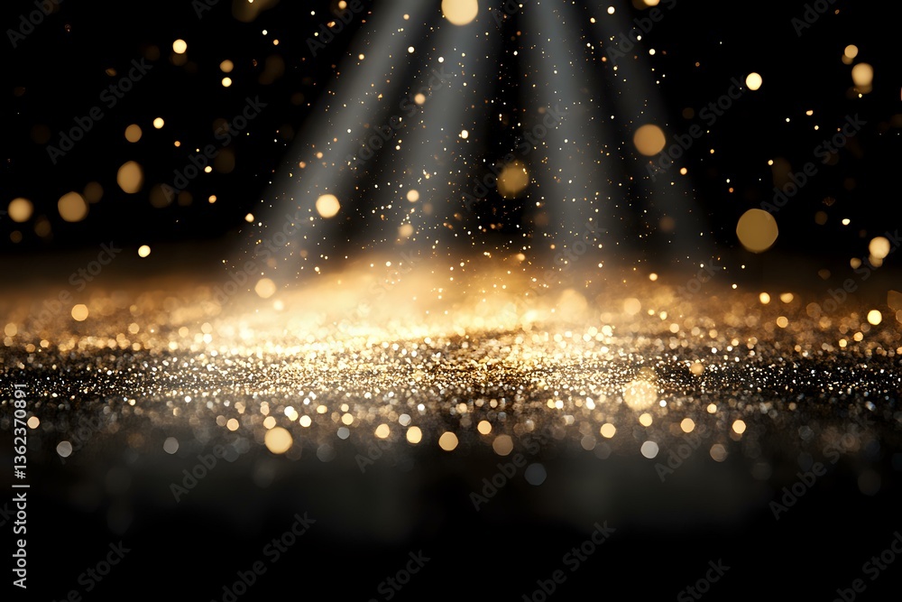 Poster golden glitter particles and light rays on dark background with bokeh effect and sparkles creating m