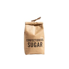 Brown paper bag of confectioners sugar with bold black text label
