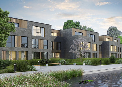 Moderne  Reihenh&auml;user mit grauem Mauerwerk und Holzelementen