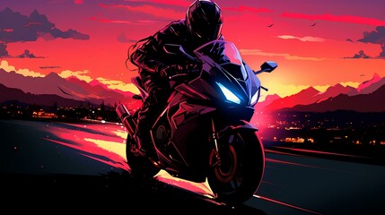 Sunset Speed Rider Illustration – Futuristic Motorcycle Adventure
