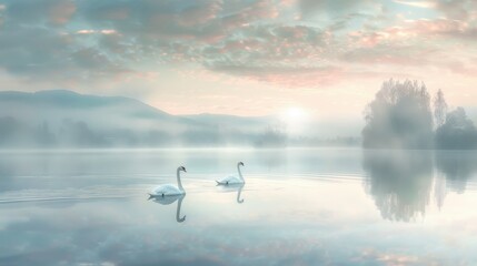 Serene Swans on Mist-Kissed Lake: Two elegant swans glide gracefully across a tranquil lake, their reflections mirrored in the calm waters amidst a dreamy, misty landscape at dawn.