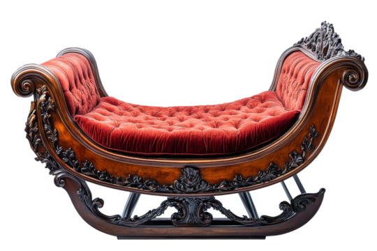 A Luxurious Sleigh Bed fit for Royalty Awaits winter dreams with plush red velvet and ornate carved details set against a stark black backdrop