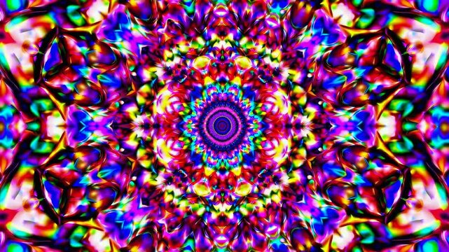 A vibrant kaleidoscope pattern with a symmetrical design, viewed from a top-down angle, reminiscent of a psychedelic video effect. Live desktop wallpaper.