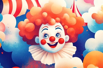 Fototapeta premium Smiling Clown Illustration with Red Nose and Wig for Party Theme