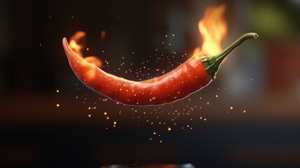 Red Hot Chilli Pepper Ablaze. Fiery Chilli Pepper With Flying Sparks Enveloped In Blazing Flames