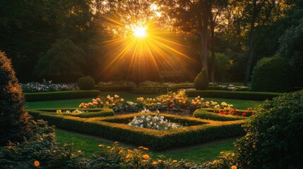 Flower garden parterre surrounded by trees with golden sunset beams