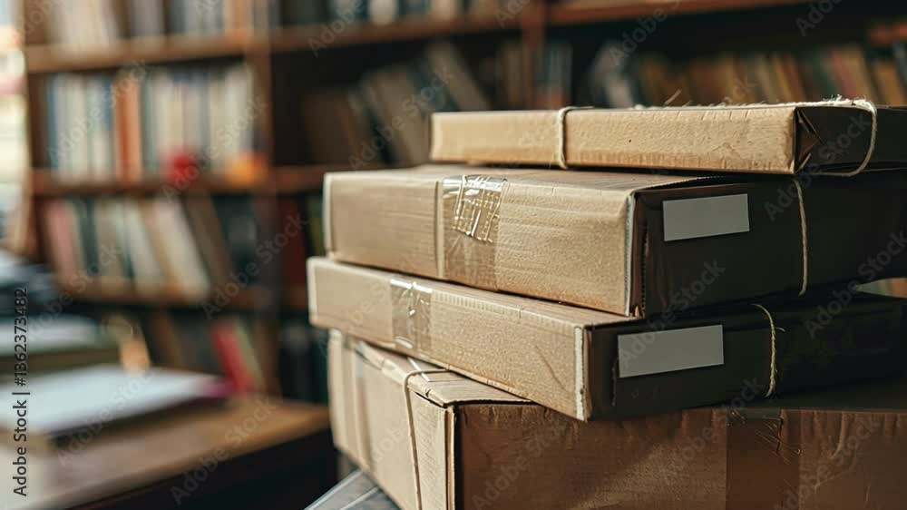 Poster packed boxes stacked in library workspace, surrounded by shelves filled with books, create organized