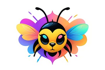 Naklejka premium Cute cartoon bee character with rainbow-colored wings and big eyes against white background, suitable for children's designs and mascot applications.