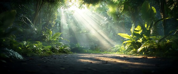 Obraz premium Sunlit Jungle Path Lush Greenery Tropical Forest Nature Scene