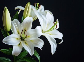 Naklejka premium Blooming White Lily Flowers with Green Buds on Dark Background Still Life