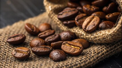 Naklejka premium Coffee beans in sack, highlighting the food and drink theme. 