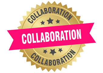collaboration. collaboration round pink and gold label isolated on transparent background