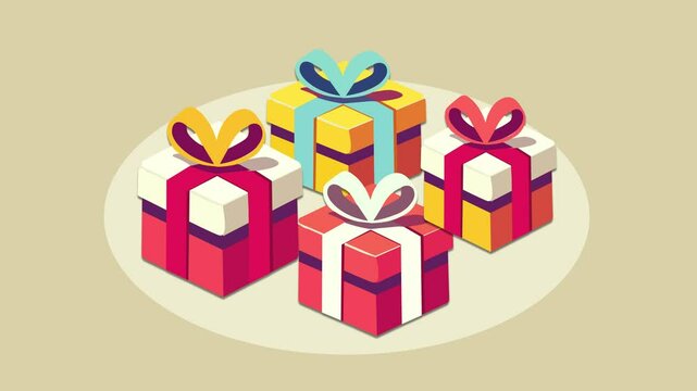 A flat design animation of gift boxes in vibrant yellow, red, and orange colors, arranged in a balanced manner. Concept of celebration, gifting, surprises, happiness, and special occasions,