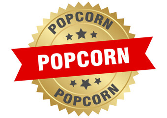 popcorn. popcorn round red and gold label isolated on transparent background