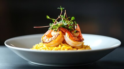 Grilled shrimp served atop creamy saffron risotto garnished with microgreens on a white plate against a dark backdrop