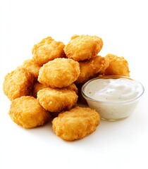 Pile of Crispy Chicken Nuggets with Creamy Dipping Sauce on White