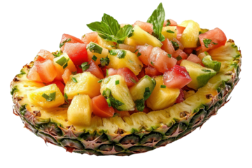 A Vibrant Pineapple Boat Brimming With A Refreshing Summer Salsa, A Delightful Mix Of Juicy Pineapple, Sweet Tomatoes, And Crisp Cucumbers, Garnished With Fresh Mint, Perfect For A Light And Flavorful