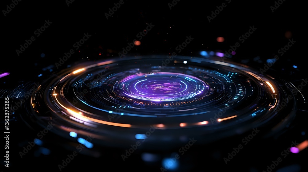 Poster futuristic circular interface with glowing neon blue and purple lights against dark background, feat