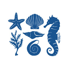 Seashells doodle hand drawn vector illustrations in blue colour. Seahorse Silhouette