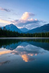 Fototapeta premium mountains are reflected in the water of a lake with a boat