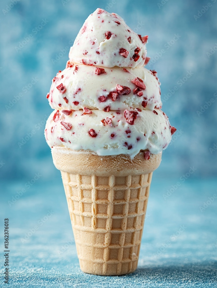 Poster tall ice cream cone with whipped topping and fruit drizzle against vivid cyan background creating dr