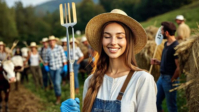 Young woman holding a pitchfork smiles at the camera while standing with a group of farmers in a beautiful rural landscape