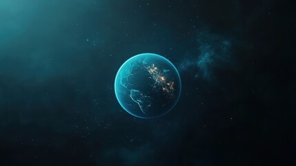 Obraz premium Stunning Glowing Earth in Space with City Lights Over Dark Background, Capturing the Beauty of Planet Earth and the Mysteries of the Universe