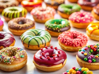 15 Deliciously Decorated Donuts on White Background - Tilt-Shift Photography