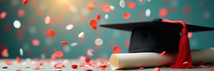Graduation Cap and Diploma, Confetti Celebration, Academic Achievement