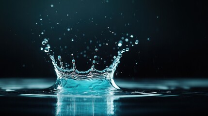 Stunning Close-Up View of Water Drop Splashing on Calm Surface with Sparkling Drops and Rich Blue Tones Creating a Beautiful Aesthetic Effect