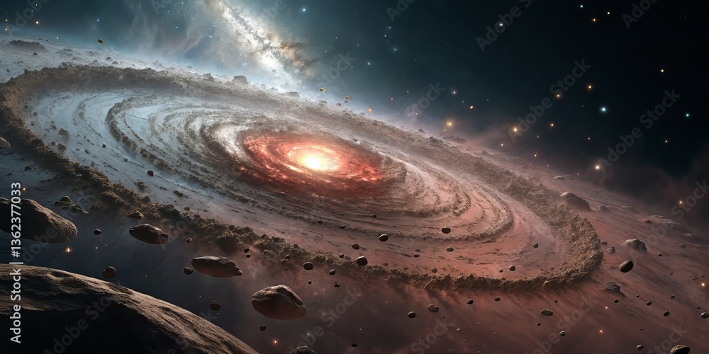 Poster galactic spiral with bright core and surrounding celestial bodies.