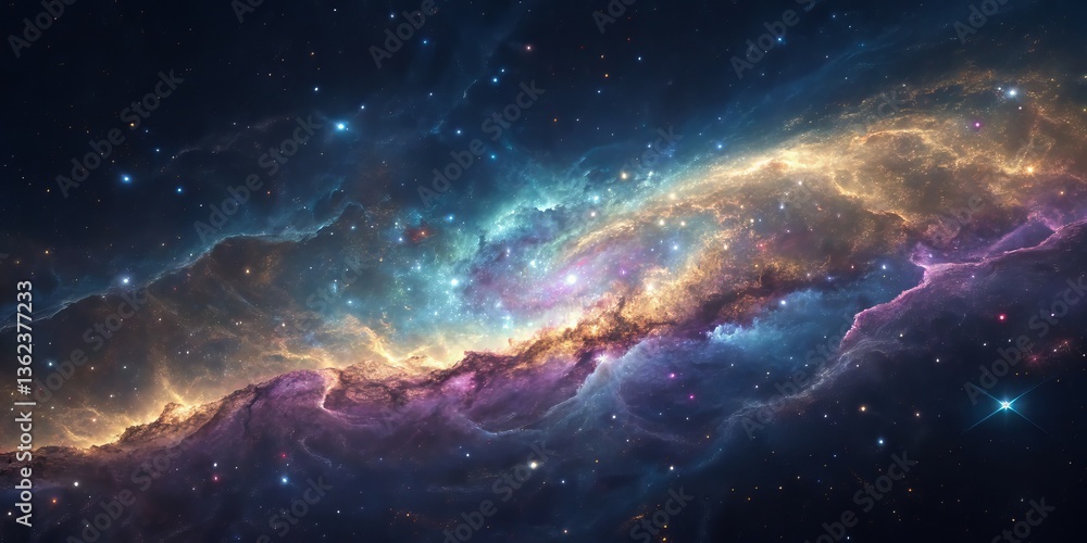 Poster vibrant cosmic scene showcasing a colorful galaxy in deep space.