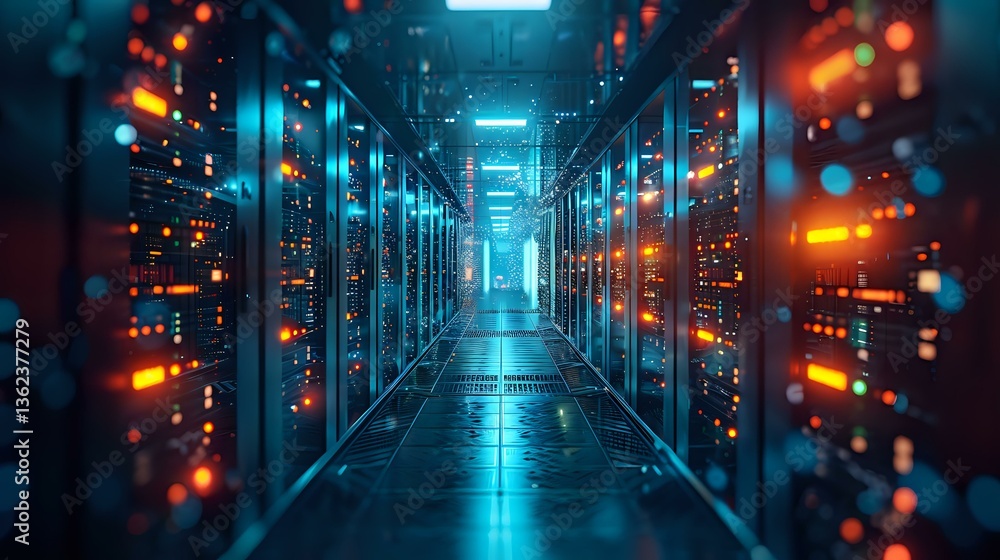 Poster server room corridor with glowing blue and orange lights reflecting on floor, rows of data center eq