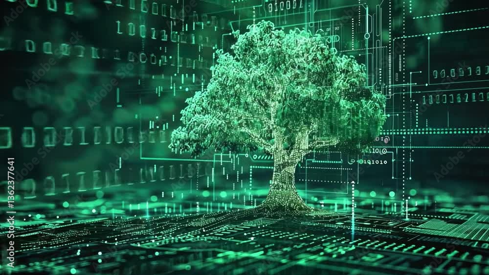 Poster digital tree fusion of nature and technology in green circuit of binary growth and innovation for su