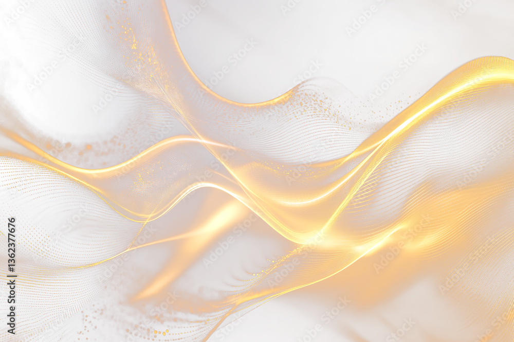 Poster abstract golden waves with particles on black background.